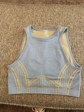 Fabletics Sky Blue Ribbed Sports Bra with Yellow Stitching